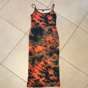 SHEIN Orange and Black Tie-Dye Midi Dress